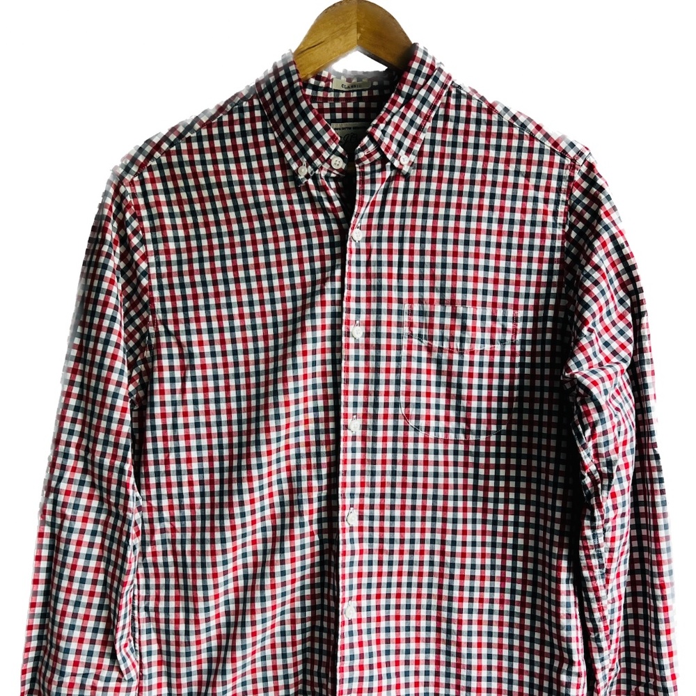 J. Crew Mens Small Classic Fish Red + Black Gingham Shirt